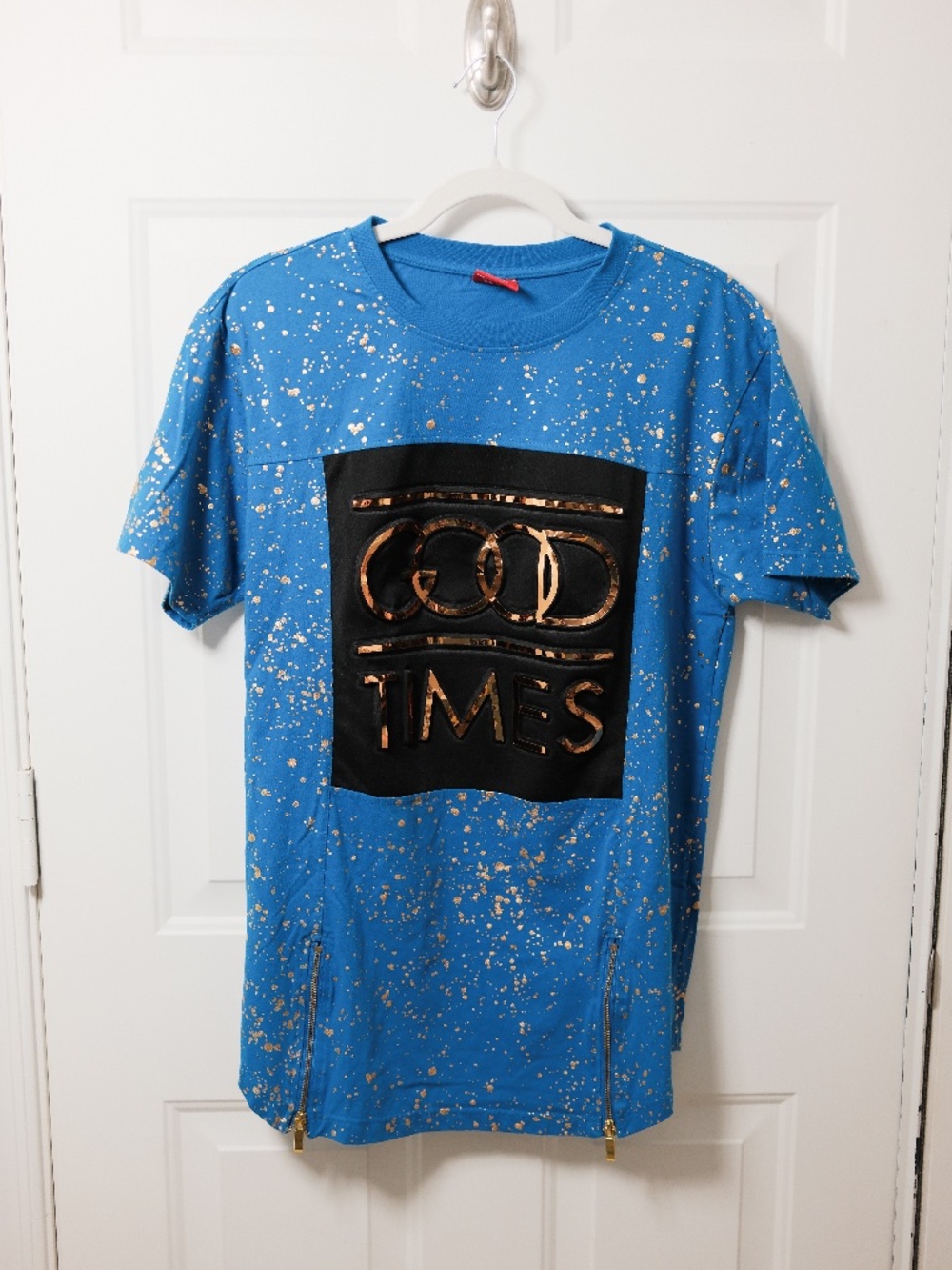 Victorious T-Shirt Men's XL Blue Gold Splatter Good Times Graphic Zipper Hem